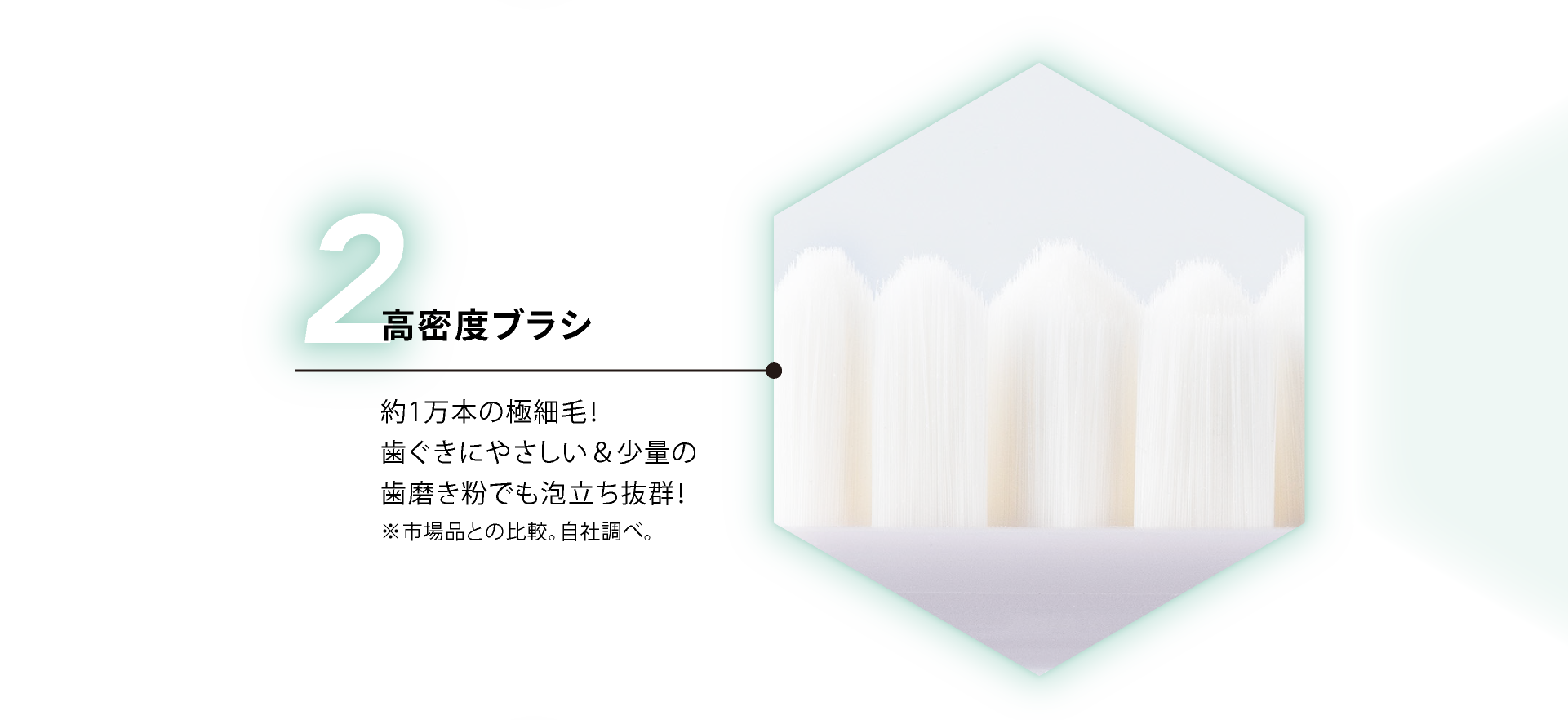 高密度ブラシ 約1万本の極細毛！歯ぐきにやさしい＆少量の歯磨き粉でも泡立ち抜群！ ※市場品との比較。自社調べ。
